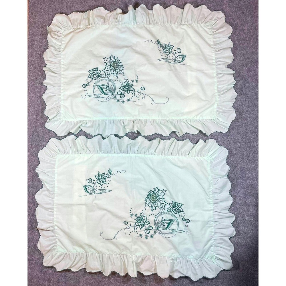 Embroidered Pillow Shams Set of 2 Standard Mint Green Floral Ruffled Grannycore